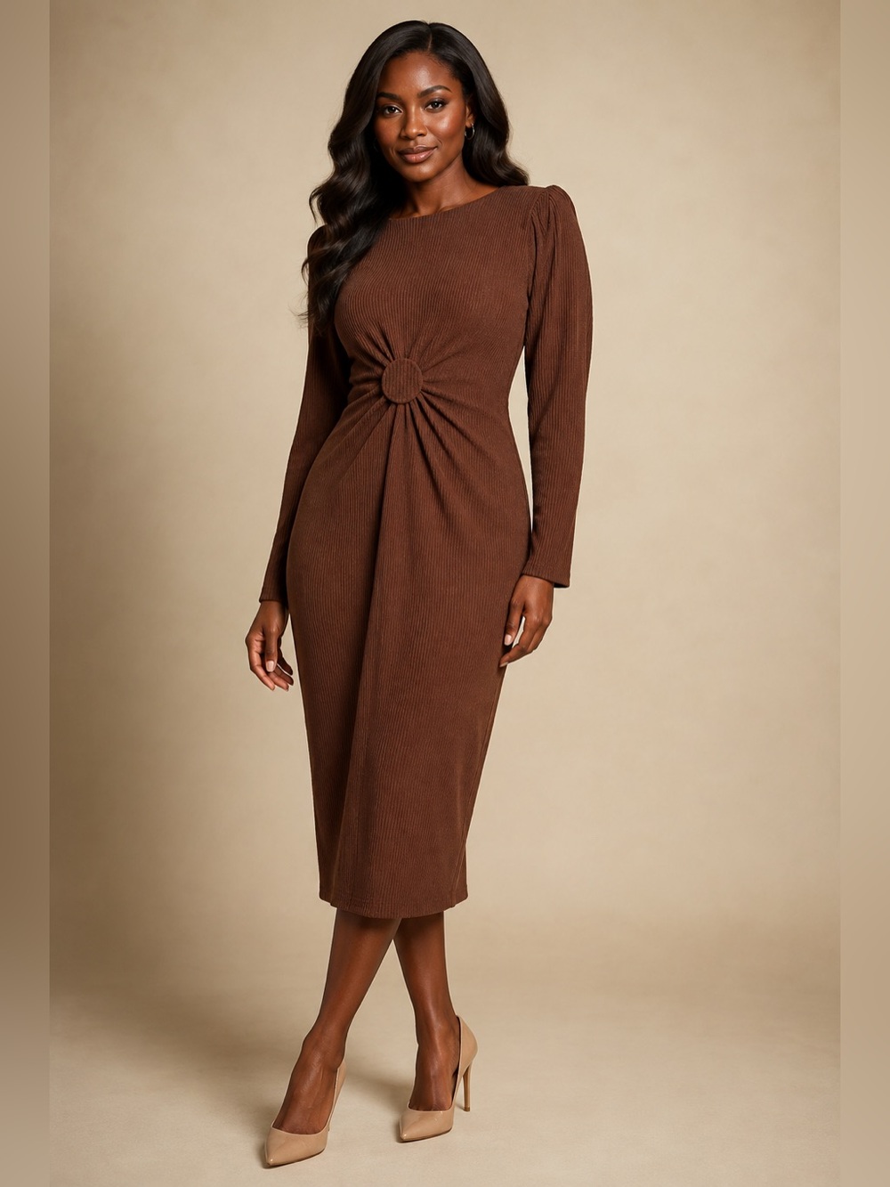 Express Brown Ribbed Long Sleeve Ring Detail Midi Dress Size M